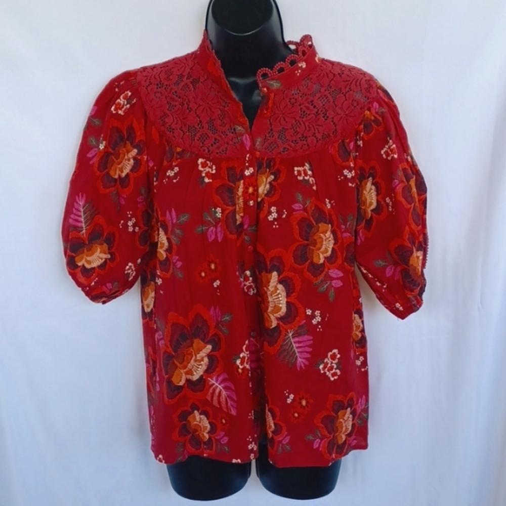 NWT FARM RIO lace insert burgundy peasant top size S, button down